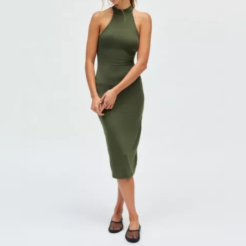 Silence + Noise Kaley Mock Neck Open Back Halter Midi Dress, Olive Green